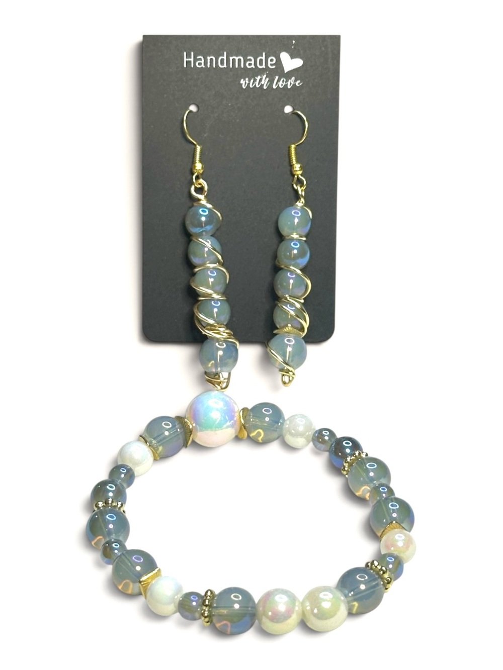 Handmade Iridescent Blue Bead Bracelet & Earring Set